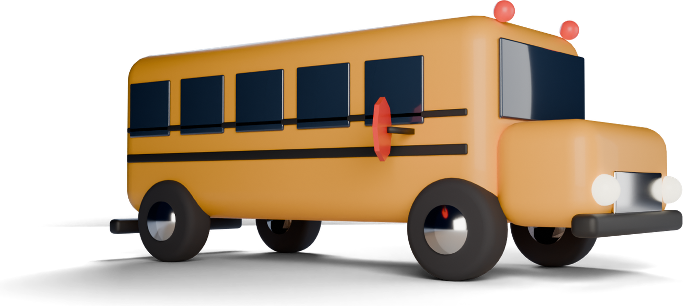 A 3D school bus in National School Bus Yellow, seen from a low front three-quarter angle